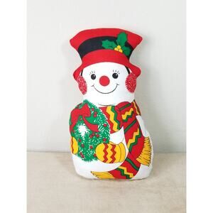 Christmas Snowman Cloth Pillow 13" Fabric Holiday Plush Home Decor Vintage